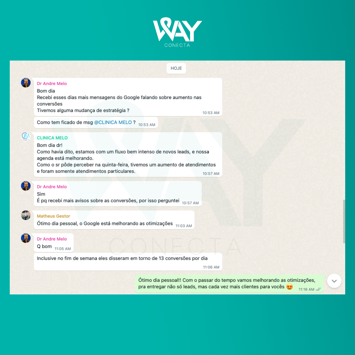 Conversa da Clínica Melo sobre fluxo intenso de novos leads e agenda melhorando