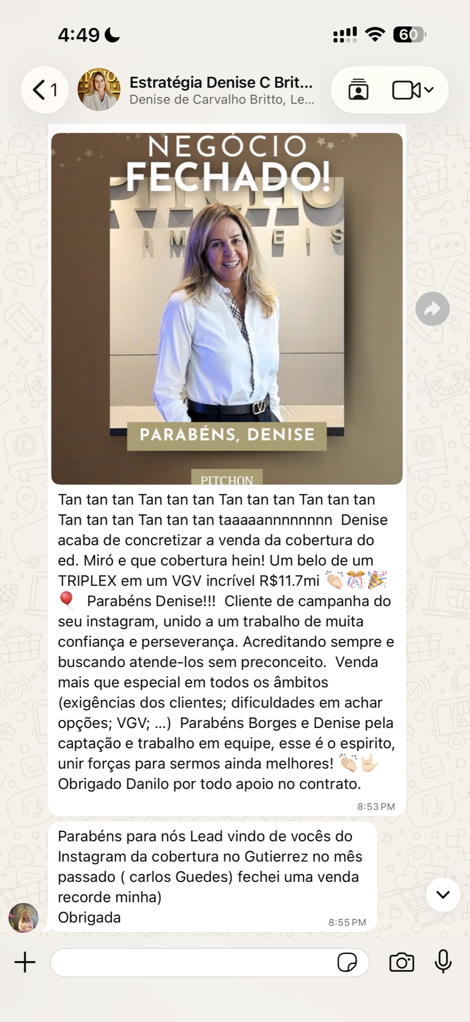 Conversa de WhatsApp comemorando a venda de uma cobertura de R$ 11,7 mi, com lead vindo do Instagram