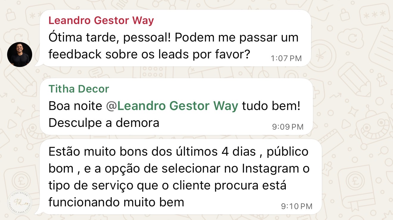 Mensagem da Titha Decor dizendo que os leads dos últimos 4 dias estão muito bons