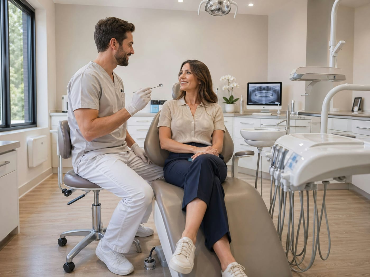 Dentista conversando com uma paciente sorridente na cadeira do consultório antes do atendimento